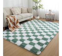 GIBZ Tapis à Carreaux Rectangle Poils Longs Damier Tapis d'Intérieur Antidérapant pour Chambre Salon Moelleux Doux Shaggy Moderne Vert 100x160cm
