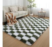 GIBZ Tapis à Carreaux Rectangle Poils Longs Damier Tapis d'Intérieur Antidérapant pour Chambre Salon Moelleux Doux Shaggy Moderne Blanc 100x160cm