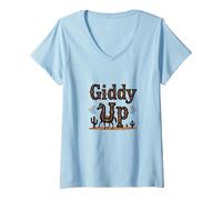 Giddy Up Western Horse Desert Cactus Cowboy Fille de Vache T-Shirt avec Col en V, Femme, Bleu Céleste, L