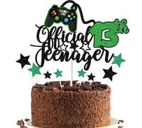 Gidobo Décoration de gâteau officielle pour 13e anniversaire d'adolescent pour garçons, jeu vidéo vert pailleté avec manettes pour treize ans