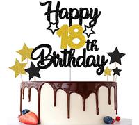 Gidobo Décorations de gâteau d'anniversaire pour 18e anniversaire, décorations de gâteau noires et dorées avec étoiles, fournitures de fête d'anniversaire de dix-huit ans pour garçons et filles