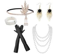 GIEEU 5 Pièces Accessoires Femme Année 20,Gatsby Costume Set,Accessoire Charleston Années 1920 avec Bandeau, Gants, Collier, Boucles D'oreilles,Bracelets
