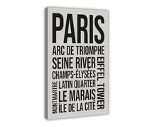 GIEIG Impression sur toile typographique de Paris Landmarks - Décoration murale moderne pour chambre à coucher - 40,6 x 61 cm
