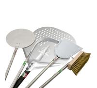 GIEMME Set professionnel de 5 pelles à pizza en aluminium et acier - Pelle perforée 33x33 cm, manche 150 cm - Pour fours profonds 120/130 cm