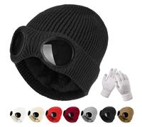 Gienslru Beanie with Goggles, Unisex Knitted Winter Hat Windproof for Ski | Soft Knitted Construction, Goggle-Style Lens Detail, Secure Cuffed Fit, Skiing and Outdoor Sports, Cosy Cold-Weather Comfort