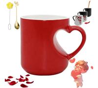 Gienslru Heart-Shaped Color Changing Ceramic Mug, Heat Sensitive Magic Color Changing Coffee Mug with Red Heart Design, Hearts Shaped Handle Ceramic Coffee Cup for Valentine's Day (Red)