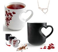 Gienslru Heart-Shaped Color Changing Magic Ceramic Mug, Heat Changing Heart Mug, Funny Color Changings Coffee Cup with Handle That Reveals Surprise Design When Filled with Hot (Black+White)
