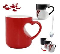 Gienslru Heart-Shaped Color Changing Magic Ceramic Mug, Heat Sensitive Magic Color Changing Coffee Mug with Red Heart Design, Valentine Themed Hearts Shaped Handle Ceramic Coffee Cup (Red)
