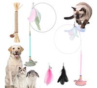 Gienslru Meowmastery Toy, Meow Mastery Teaser Wand with 3 Types of Replacement Feathers, Strong Suction Cup Cat Teaser Wand, Interactive Cat Wand Toy for Play & Exercise (F*2)