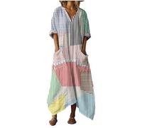 Gienslru Robe Cache Ventre Femme Chic et Elegant Boheme Lin Grande Taille Manches 3/4 Col V Robes Longue Imprime Floral Cache Ventre Fluide Vintage Confortable Caftan avec Poches Casual Dress