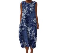 Gienslru Robe Été Femme Coton Lin sans Manches Grande Taille Débardeur Fluide Chic avec Poches, Col U, Tunique Bohème Longue ou Courte, Robe Plage Décontractée Élégante Tendance Été Hawaienne 2026
