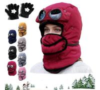 Gienslru Winter Thermal Hat with Glasses, 4 in 1 Windproof Warm Hat Detachable Mask Neckband, Winter Cycling Windproof Ski Mask Cap, Full Cover Warm Ski Hats for Men Women (Wine Red)