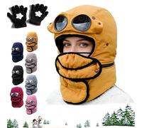 Gienslru Winter Thermal Hat with Glasses, 4 in 1 Windproof Warm Hat Detachable Mask Neckband, Winter Cycling Windproof Ski Mask Cap, Full Cover Warm Ski Hats for Men Women (Yellow)