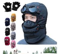 Gienslru Winter Thermal Hat with Glasses, 4 in 1 Windproof Warm Hat Detachable Mask Neckband, Winter Cycling Windproof Ski Mask Cap, Full Cover Warm Ski Hats for Men Women (Black)
