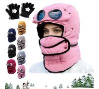 Gienslru Winter Thermal Hat with Glasses, 4 in 1 Windproof Warm Hat Detachable Mask Neckband, Winter Cycling Windproof Ski Mask Cap, Full Cover Warm Ski Hats for Men Women (Pink)