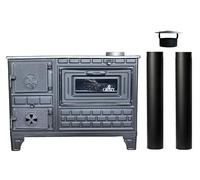 Giesty® Cuisinière d'extérieur avec plaque en fonte - four de terrasse, cheminée de jardin, four à pizza et poêle à bois pour l’extérieur (Porte en fonte + 2 Tuyaux)