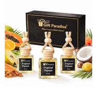 Gift Paradise Tropical Papaya Lot de 3 désodorisants pour voiture avec boîte cadeau magnétique, 10 ml, flacons diffuseurs suspendus avec bouchon en bois, parfum de fruits tropicaux doux pour voiture