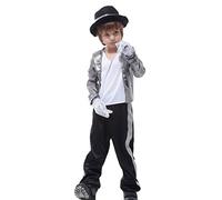 Gift Tower Costume de carnaval pour enfant - Costume d'Halloween - Costume de Michael Jackson - Pour garçon - Argenté - Taille XL - Pour 130-140 cm