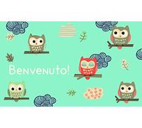 GIFTCOMPANYITALY OGGETTI IDEE DESIGN Gift Company Paillasson Bienvenue Chouettes, Coco/PVC, Bleu Clair, 75 x 45 x 1,5 cm