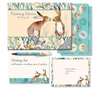 Gifted Stationery Set d'écriture - Kissing Hares. Ensemble de papeterie avec 32 feuilles de papier à lettre A5, 16 enveloppes et stylo à bille, au bureau, à l'école ou en déplacement