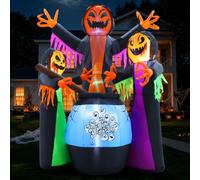 GIFTFIND Elfe de sorcière gonflable d'Halloween de 2,4 m avec chaudron lumineux et lumières LED - Grande décoration de sorcière gonflable pour extérieur, maison hantée magique pour pelouse, jardin