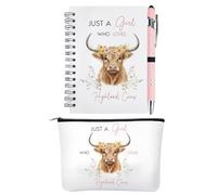 GiftGem Lot de 3 adorables carnets à spirales A6 et stylo avec trousse de maquillage, cadeau idéal pour les amateurs de vache des Highlands