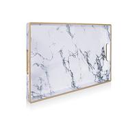 Gifturbo Plateau de Service en marbre Blanc avec poignées, Table Basse rectangulaire ottomane, Plateau décoratif en Plastique, Bord doré pour Salon, Salle de Bain, décoration, 40 x 26 x 3 cm