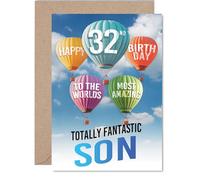 Giftzie Carte d'anniversaire 32 ans pour fils - La plus incroyable montgolfière - Carte d'anniversaire pour fils de 32 ans de la part de papa maman, cartes de vœux d'anniversaire A5 ballons étoiles
