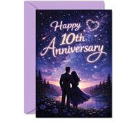 Giftzie Carte romantique 10e anniversaire - Nuits étoilées et dix années magiques - Motif couple rêveur sous un ciel violet - Célébrez une décennie d'amour ensemble - A5, enveloppe incluse