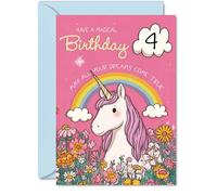 Giftzie Jolie carte de 4e anniversaire - Make Her Day Sparkle - Licorne fantaisiste, arc-en-ciel et fleurs en roses magiques - Explosion de vœux d'anniversaire joyeux - A5, enveloppe incluse