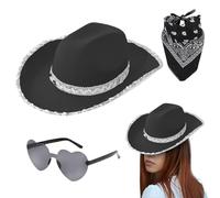 gifyym Chapeaux de cowgirl pour femme - Chapeau de cowboy tendance avec lunettes en forme de cœur et bandana - Ensemble de 3 chapeaux de cowgirl - Accessoires de fête pour festival