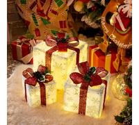 GIGALUMI Lot de 3 Boite Cadeau Noel, 60 LED Cadeau Lumineux Noel, 8 Modes d'éclairage pour Boîtes Cadeaux avec Nœud pour Les Fêtes, La Maison, La Décoration du Sapin (Rouge)