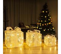 GIGALUMI Lot de 3 Boite Cadeau Noel, 60 LED Cadeau Lumineux Noel, 8 Modes d'éclairage pour Boîtes Cadeaux avec Nœud pour Les Fêtes, La Maison, La Décoration du Sapin (Blanc)