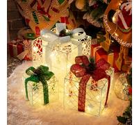 GIGALUMI Lot de 3 Boite Cadeau Noel, 60 LED Cadeau Lumineux Noel, 8 Modes d'éclairage pour Boîtes Cadeaux avec Nœud pour Les Fêtes, La Maison, La Décoration du Sapin (Coloré)