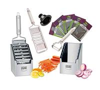 GIGANT Mandoline de Cuisine 6 en 1, Set Complet Coupe Légumes Multifonctions avec Boîte de Rangement en Acier Inoxydable, 5 Inserts Supplémentaires, 1 Économe à Légumes, 1 Poussoir