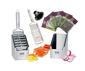 GIGANT Mandoline de Cuisine 6 en 1, Set Complet Coupe Légumes Multifonctions avec Boîte de Rangement en Acier Inoxydable, 5 Inserts Supplémentaires, 1 Poussoir de Sécurité