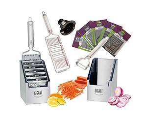 GIGANT Mandoline de Cuisine 6 en 1, Set Complet Coupe Légumes Multifonctions avec Boîte de Rangement en Acier Inoxydable, 5 Inserts Supplémentaires, 1 Économe à Légumes, 1 Poussoir