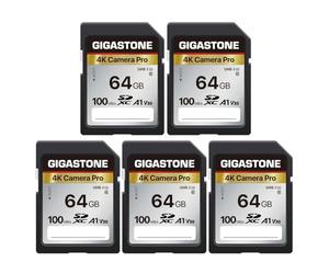 Gigastone Lot de 5 Cartes mémoire SD V30 SDXC Haute Vitesse 4K Ultra HD UHD Vidéo Compatible avec Appareil Photo numérique Canon, Nikon, Sony, Pentax, Kodak, Olympus, Panasonic