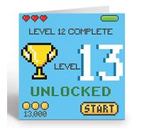 GIGGLE GREETINGS Carte d'anniversaire de joueur pour filles ou garçons de 13 ans, carte d'anniversaire débloquée de niveau 13 avec enveloppe bleue, carte écologique