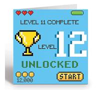 GIGGLE GREETINGS Carte d'anniversaire Gamer pour fille ou garçon de 12 ans - Carte d'anniversaire débloquée niveau 12 avec enveloppe bleue - Carte écologique