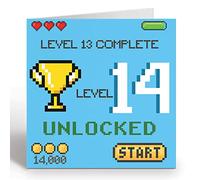 GIGGLE GREETINGS Carte d'anniversaire Gamer pour fille ou garçon de 14 ans - Carte d'anniversaire débloquée niveau 14 avec enveloppe bleue - Carte écologique
