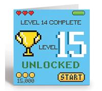 GIGGLE GREETINGS Carte d'anniversaire Gamer pour fille ou garçon de 15 ans - Carte d'anniversaire débloquée niveau 15 avec enveloppe bleue - Carte écologique