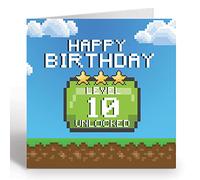 GIGGLE GREETINGS Carte d'anniversaire pour garçon ou fille de 10 ans - Carte d'anniversaire débloquée pour jeu vidéo niveau 10 avec enveloppe bleue - Carte écologique