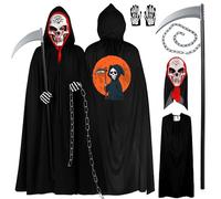 Giggleye Costume d'Halloween de la faucheuse, cape noire avec capuche, masque de tête de mort, gants, faux et chaîne en fer, ensemble pour adultes et adolescents, carnaval, cosplay et fête d'Halloween