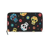 GIGIJY Portefeuille long en cuir avec fermeture éclair Motif crânes mexicains colorés, multicolore, Taille unique