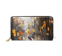 GIGIJY Portefeuille long en cuir véritable avec fermeture éclair Motif berger d'Europe de l'Est Motif feuilles volantes d'automne, multicolore, Taille unique, Européen