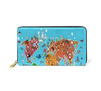 GIGIJY Portefeuille long en cuir véritable avec fermeture éclair Motif carte du monde, multicolore, Taille unique