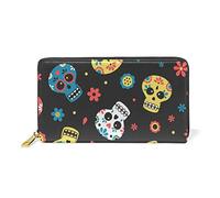 GIGIJY Portefeuille long en cuir véritable avec fermeture éclair Motif crânes mexicains colorés, multicolore, Taille unique