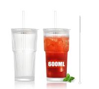 Gigmeta Lot de 2 verres en verre striés de 600 ml avec couvercle, paille et brosse, parfaits pour les smoothies, le café glacé et le matcha