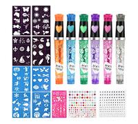 Gigmeta Lot de 6 stylos de tatouage à paillettes pour enfants, tatouage à paillettes pour la peau, stylo de tatouage avec 8 pochoirs, 80 motifs et visage en pierre précieuse pour garçons et filles